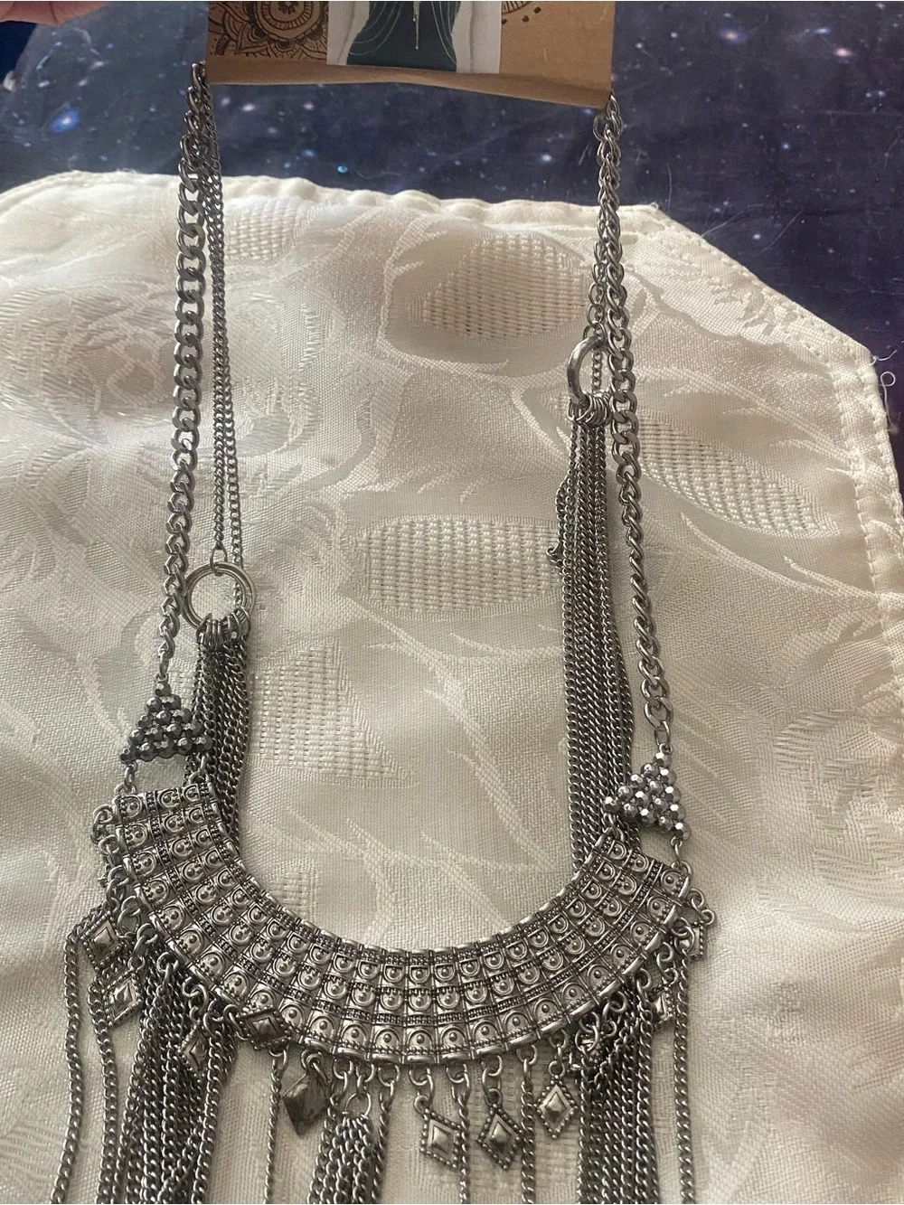 Wild Flower Silver Tone Long Statement Bib Necklace Fringe Festival Boho New NWT